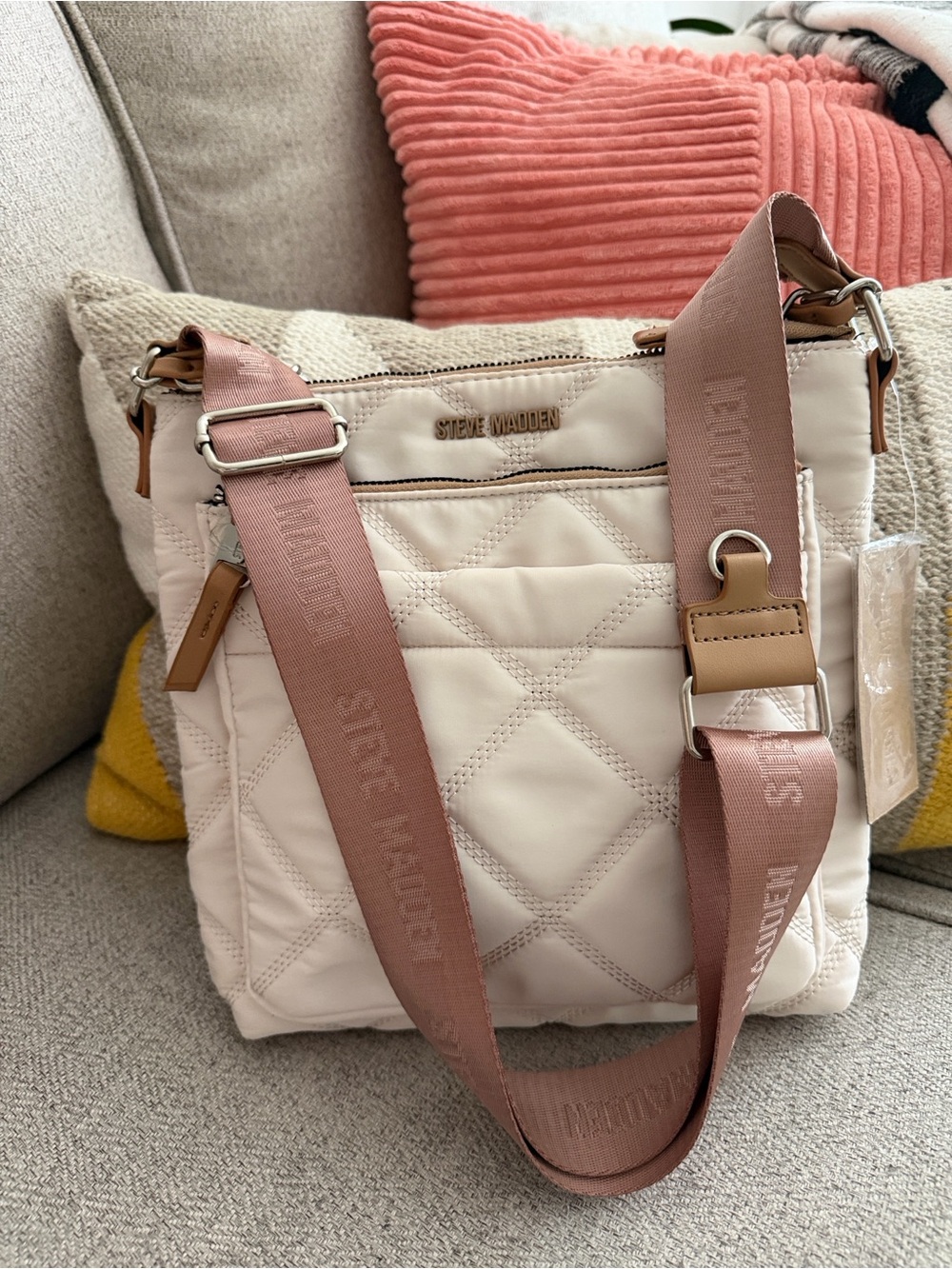Steve Madden Quilted Crossbody Bag in Blush Pink with Branded Strap - Picture 8 of 8